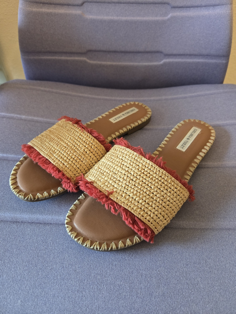 Chelsea & Violet Tan Woven Slide Sandals with Red Fringe